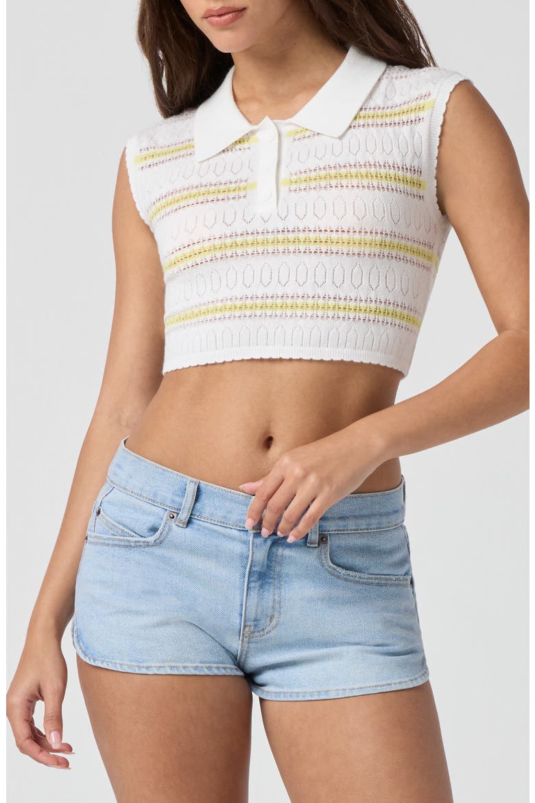 Stripe Pointelle Crop Polo, Main, color, BRIGHT WHITE/ CAPRI