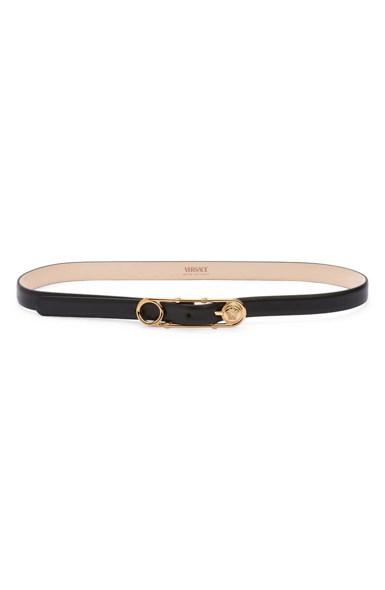 Versace Safety Pin Leather Belt, Main, color,