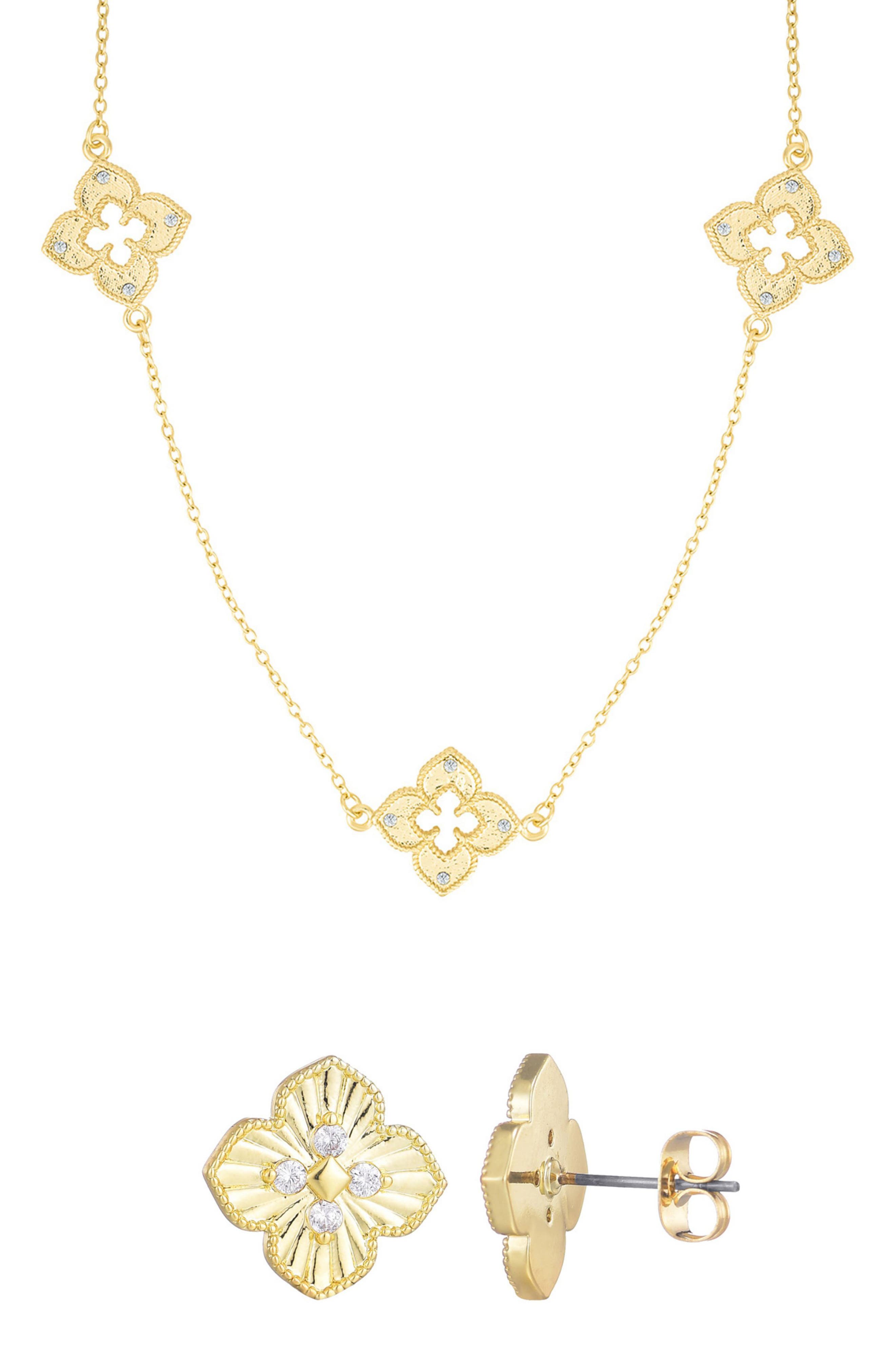 Adornia Clover Stud Earrings & Station Necklace Set