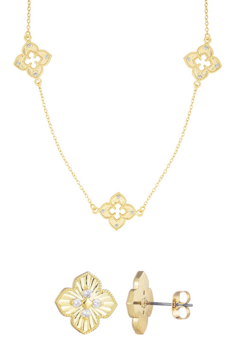 Clover Stud Earrings & Station Necklace Set, Main, color, GOLD