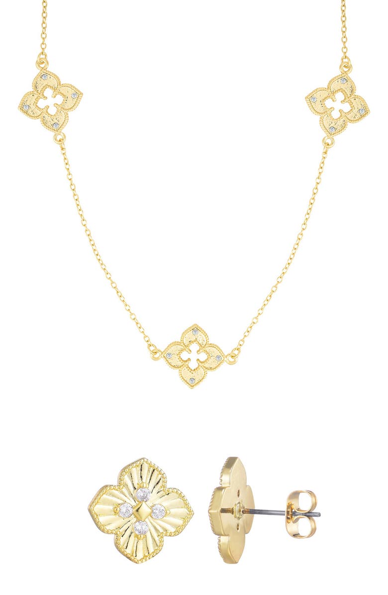 Adornia Clover Stud Earrings & Station Necklace Set, Main, color, Gold