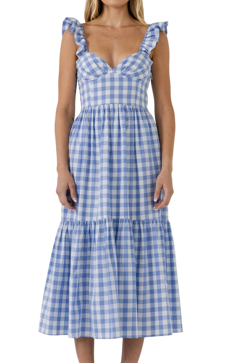 English Factory Gingham Tiered Sleeveless Cotton Midi Dress, Alternate, color,