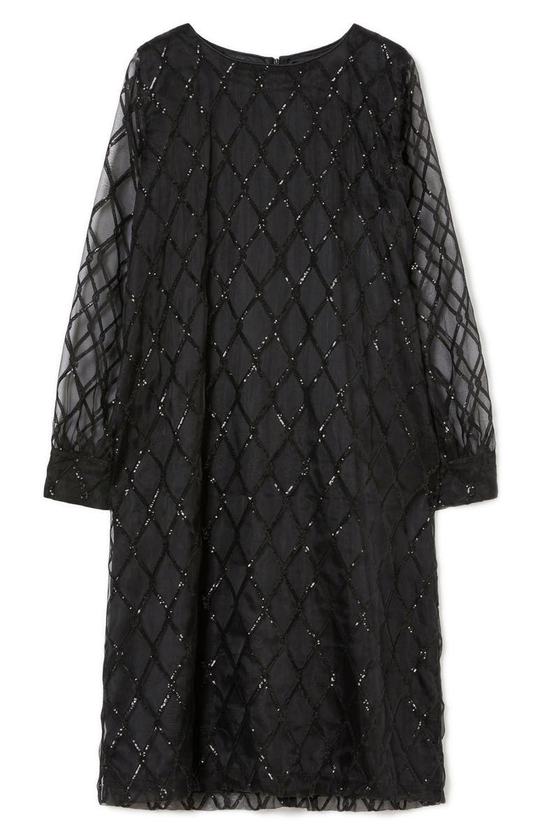 Marina Rinaldi Aderire Sequin Diamond Pattern Long Sleeve Silk Dress, Alternate, color, Black