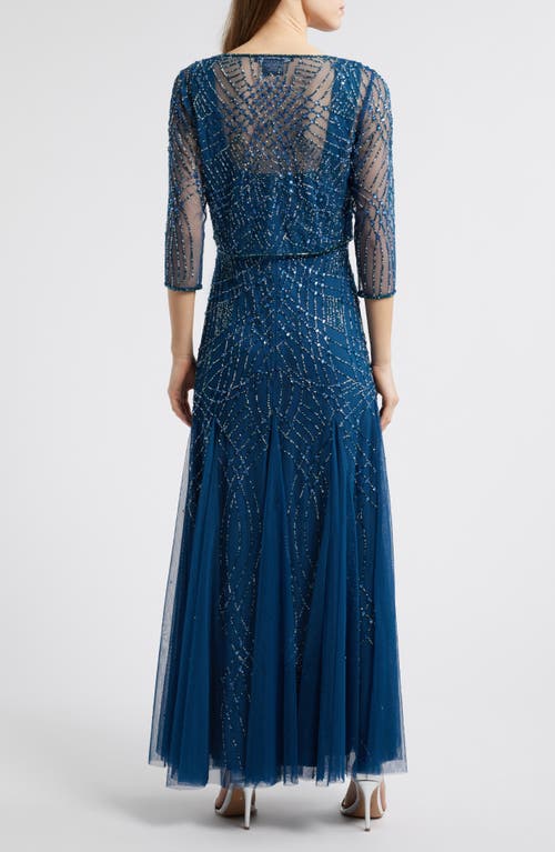 Pisarro Nights Beaded Gown With Long Sleeve Jacket In Petrol Blue