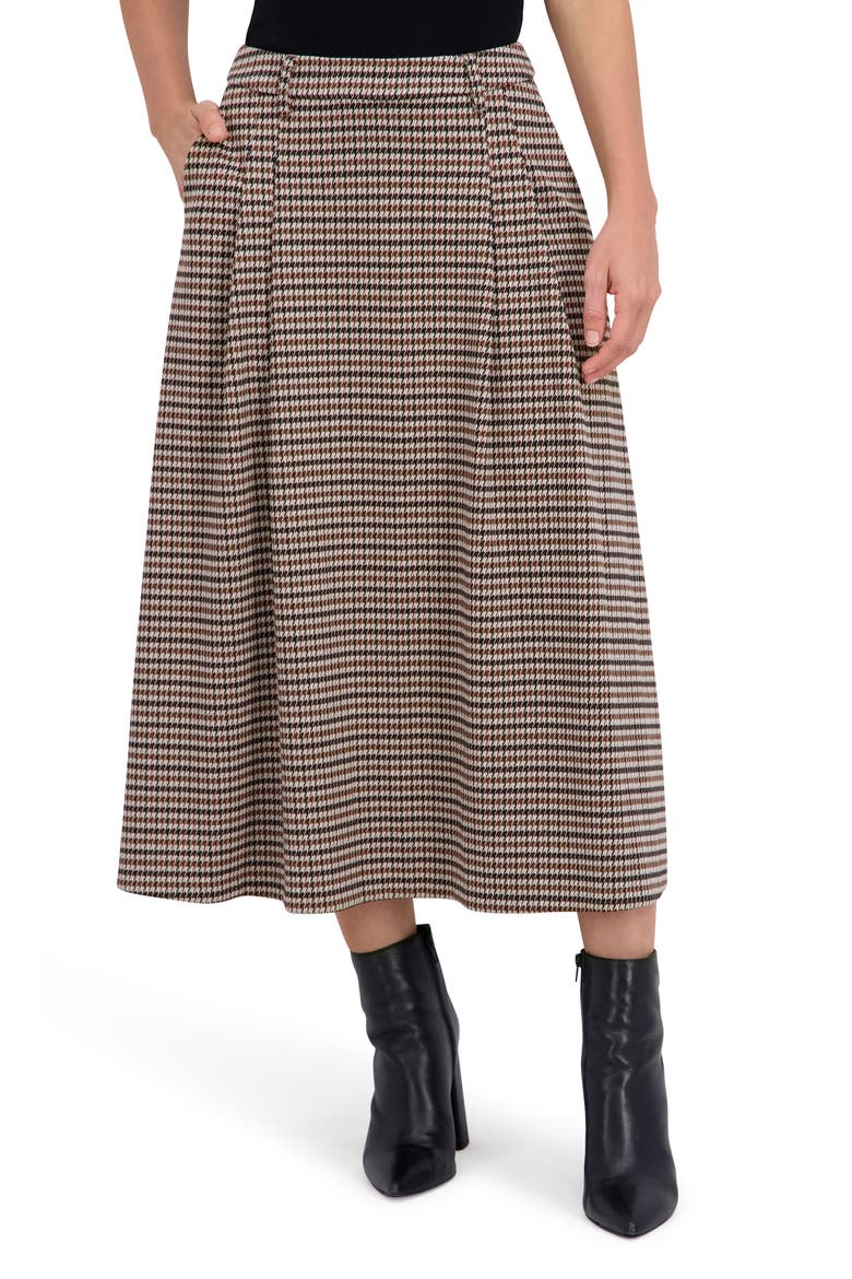 Plaid Pleated Midi Skirt, Main, color, BLACK/ CAMEL