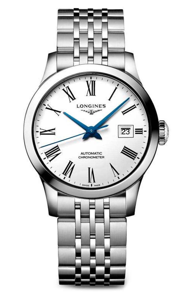 Longines Record Automatic Bracelet Watch, 30mm, Main, color, Silver/ White/ Silver