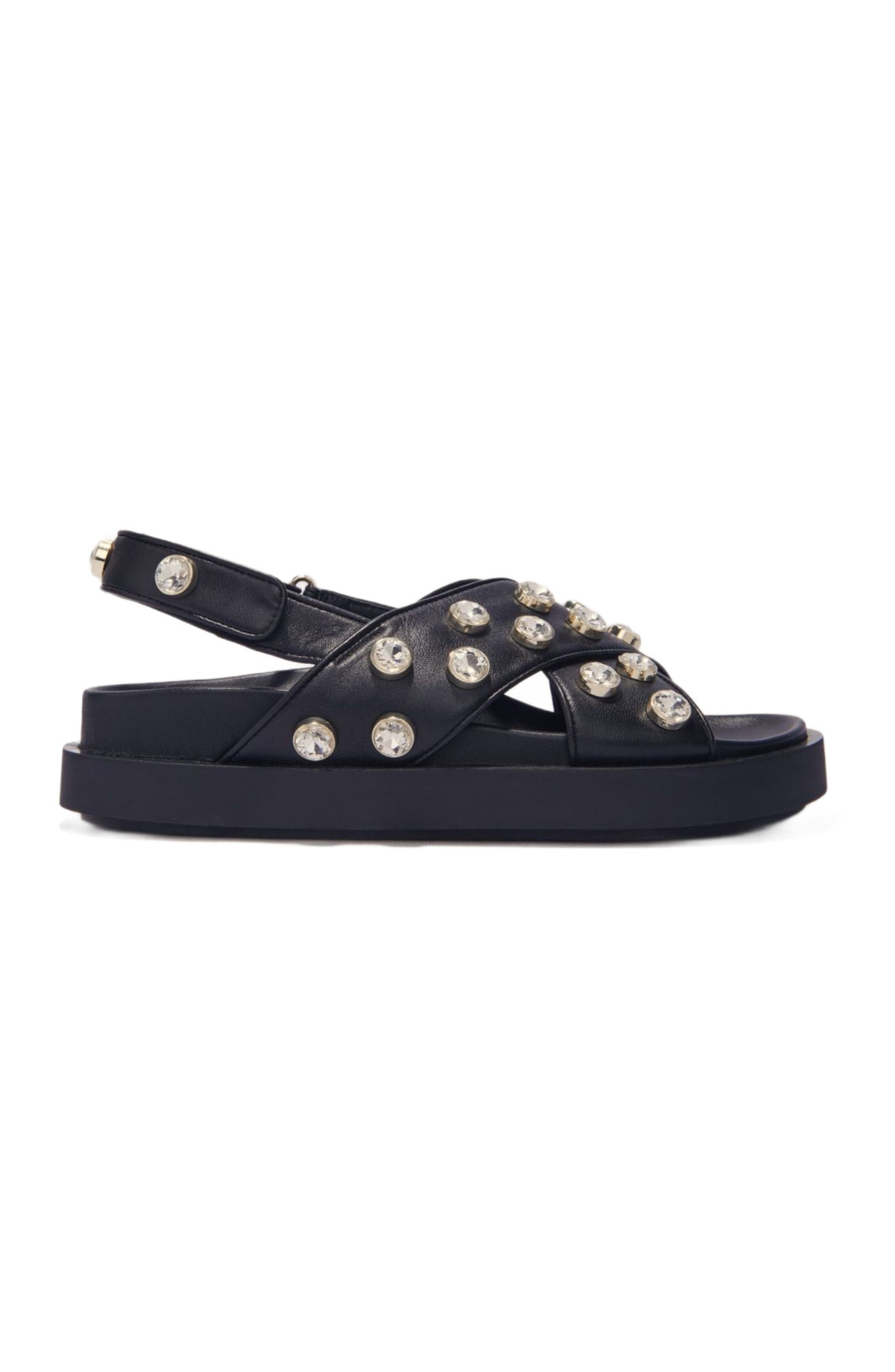 Flat leather and rhinestone sandals, Main, color, Black