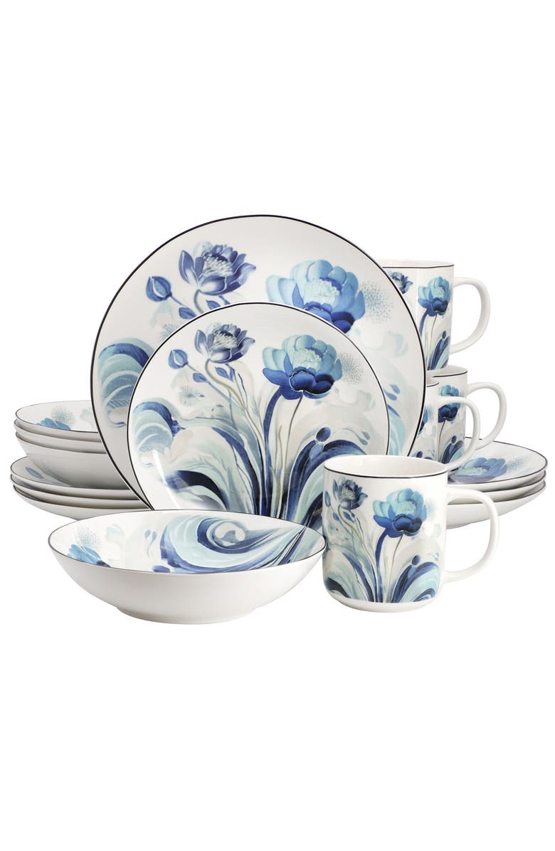 Elama Peony Garden 16 Piece Floral Design Round Porcelain Dinnerware Set, Main, color, White