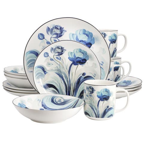 Peony Garden 16 Piece Floral Design Round Porcelain Dinnerware Set