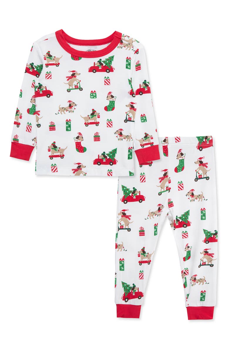 Little Me Puppy Holiday Stretch Fitted Two-Piece Pajamas, Main, color, White/ Red