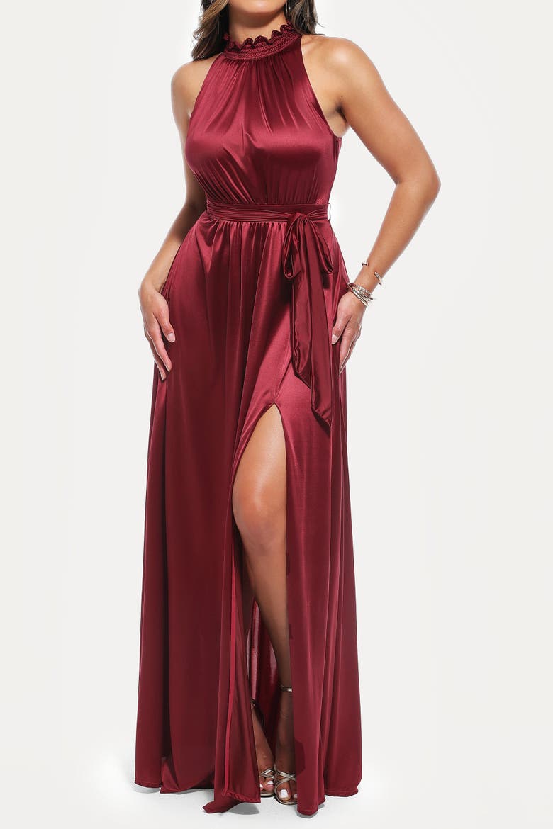 Built-in Shapewear Draped High Neck Maxi Dress, Alternate, color, Mahogany Red