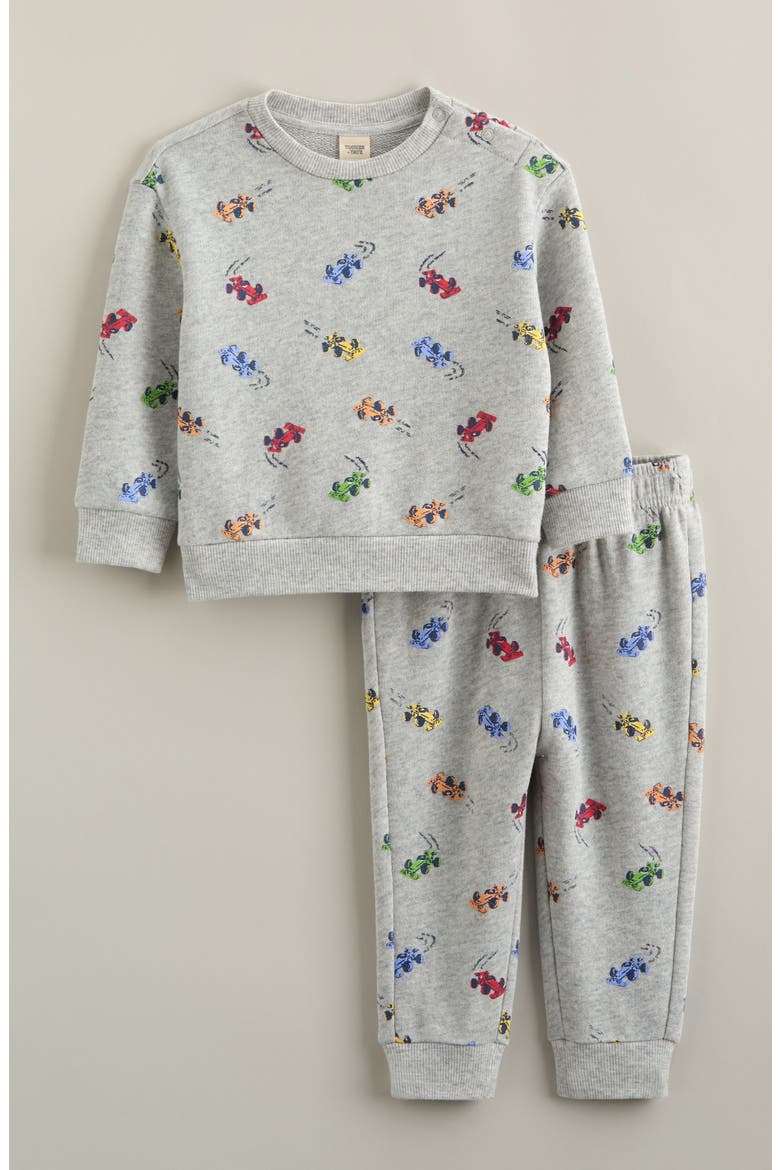 Print Fleece Sweatshirt & Joggers Set, Main, color, GREY LT HTR RACE CARS