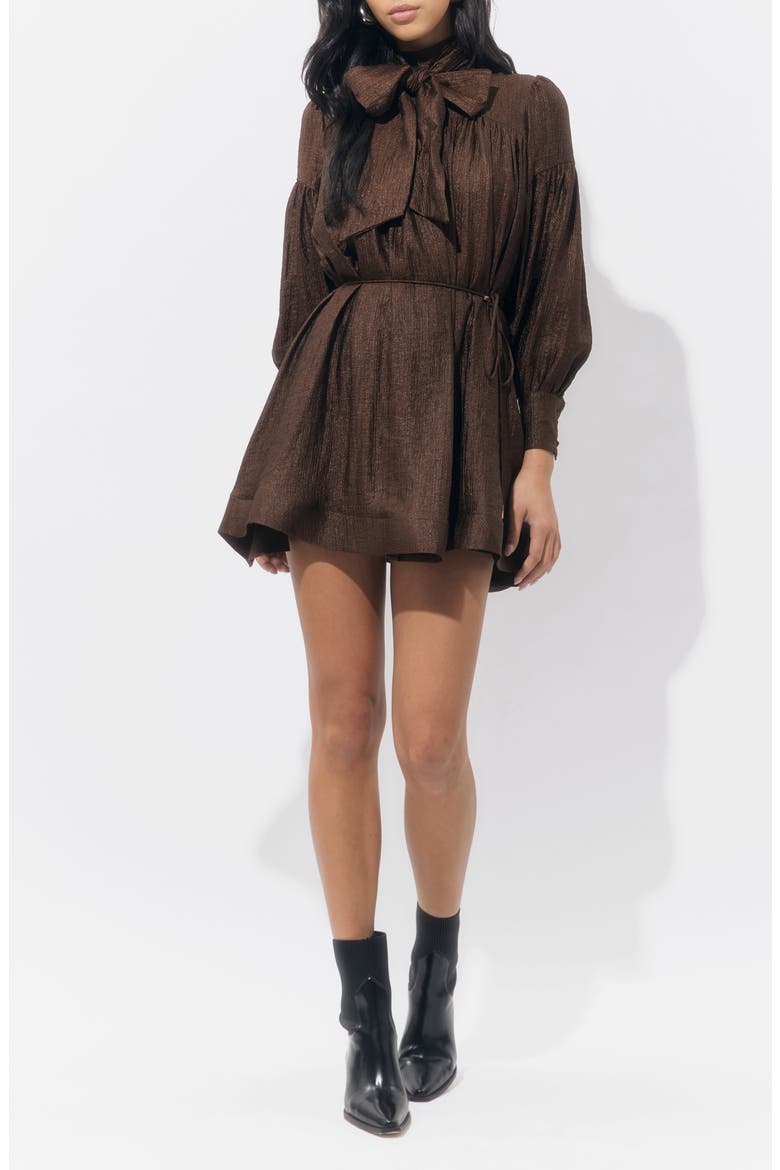 Daphne Metallic Long Sleeve Minidress, Main, color, CHOCOLATE BROWN