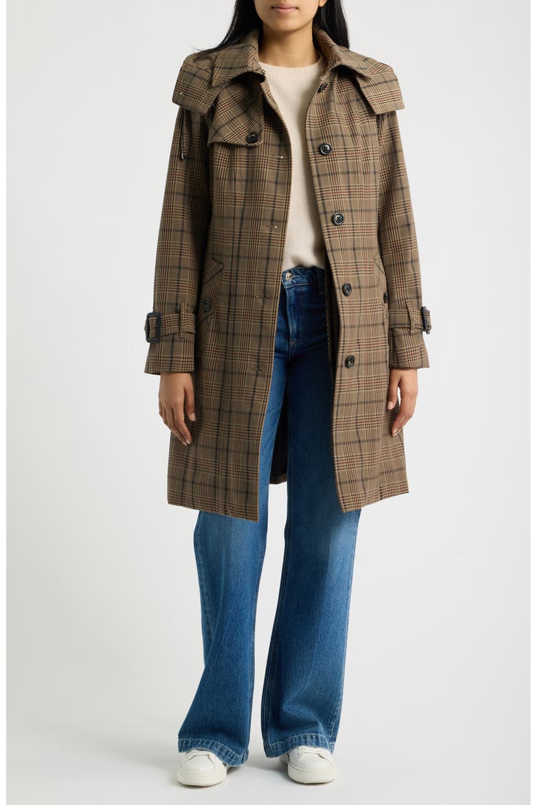 Single Breasted Trench Coat with Removable Hood, Alternate, color, BROWN PLAID