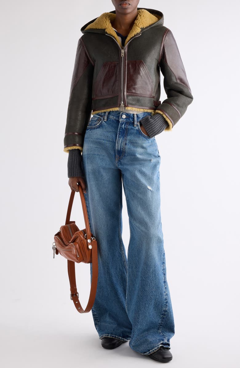 Acne Studios Litera Genuine Shearling & Leather Hooded Jacket, Alternate, color, Brown/ Beige