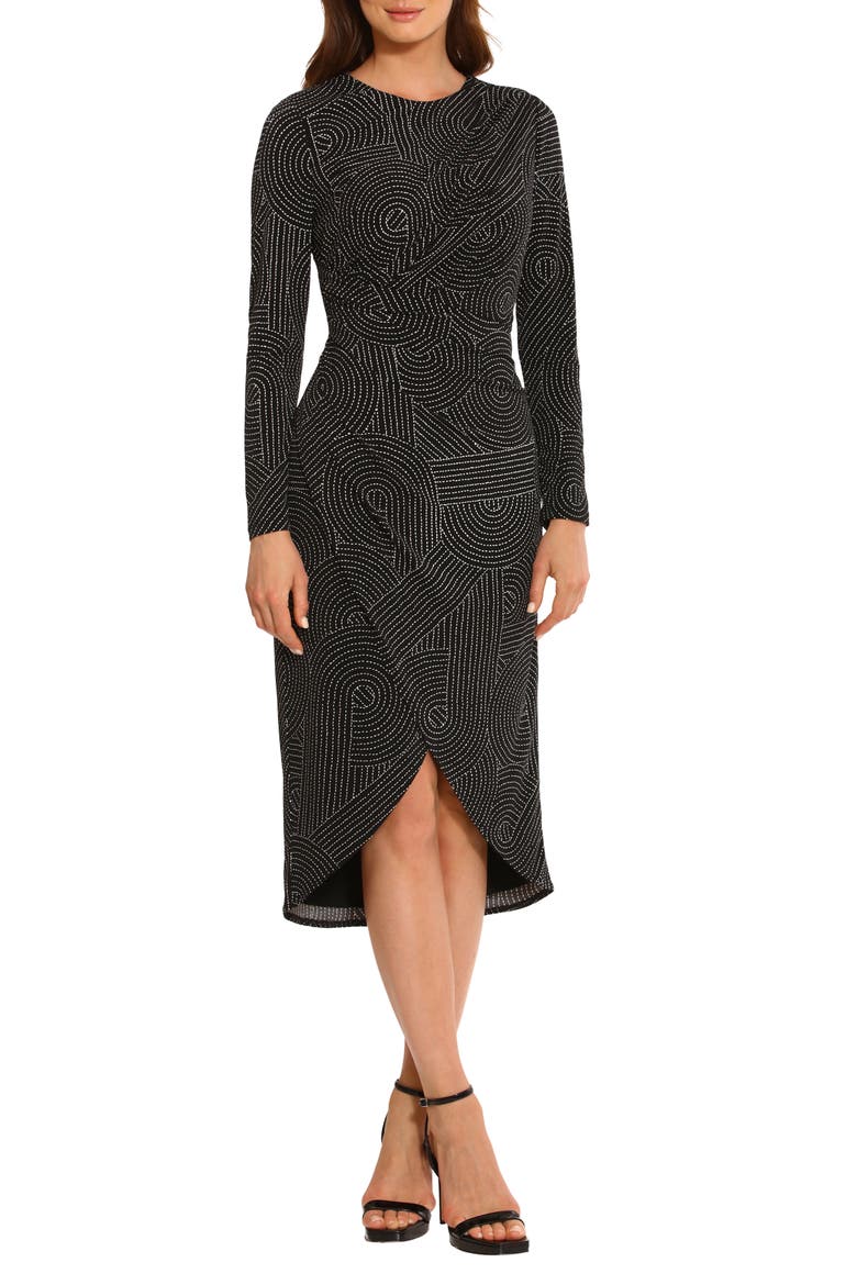 Abstract Print Long Sleeve Midi Dress, Main, color, BLACK/ SOFT WHITE