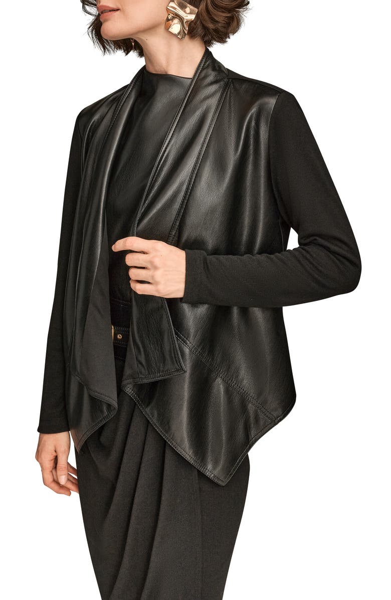 Donna Karan New York Flyaway Faux Leather & Knit Jacket, Alternate, color, Black