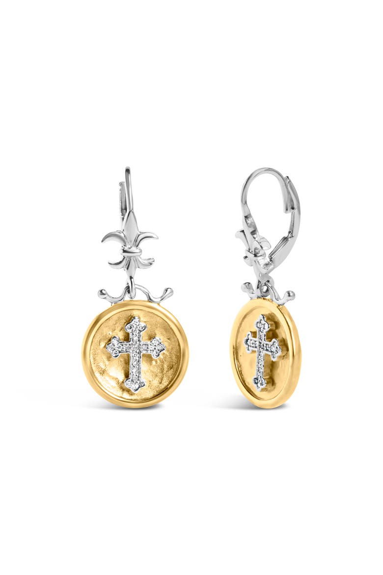 18K Yellow Gold Plated Silver 1/8 Ct Diamond Medallion Cross Dangle Earrings, Alternate, color, Yellow