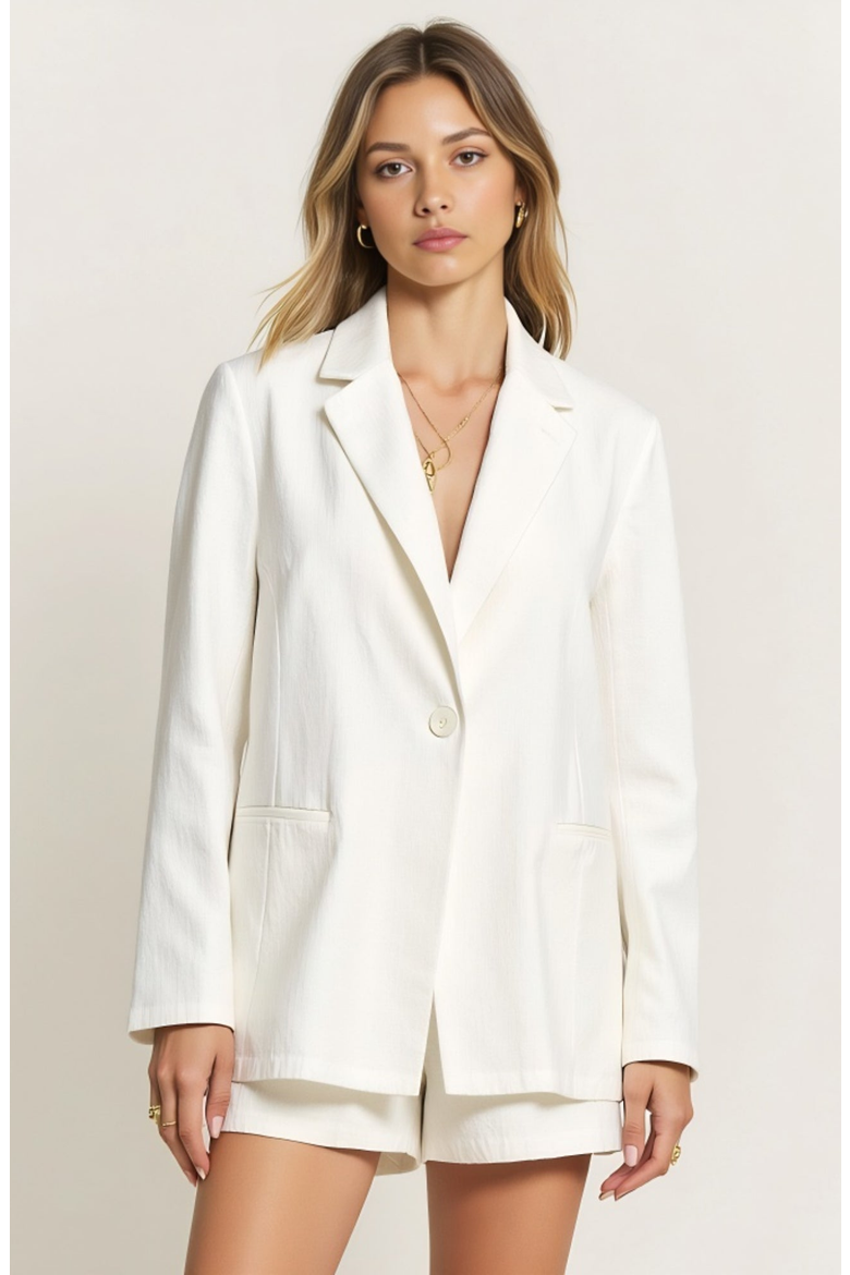 Single Button Blazer and Matching Elastic Waist Short Outfit Set, Main, color, White