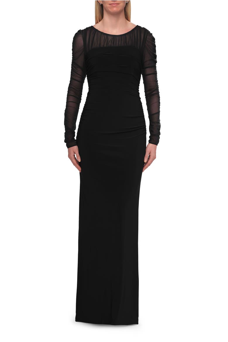 Long Sleeve Sheer Net Jersey Gown with Ruching, Main, color, Black