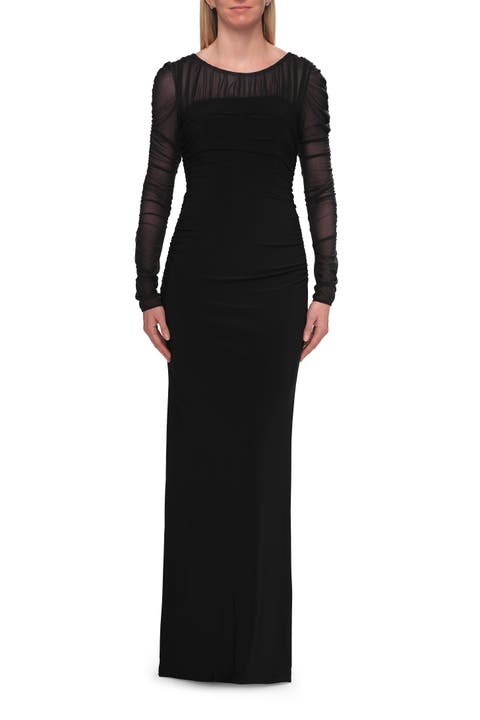 Long Sleeve Sheer Net Jersey Gown with Ruching