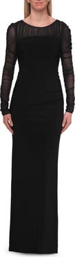 La Femme Long Sleeve Sheer Net Jersey Gown with Ruching