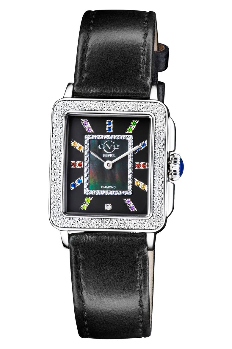 Padova Diamond Leather Strap Watch, 27mm x 30mm - 0.0116ct., Main, color, BLACK