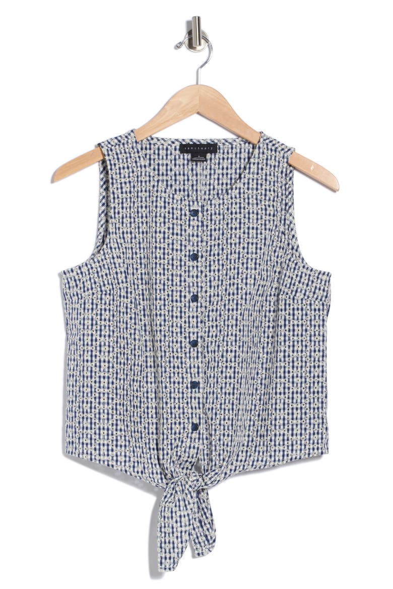 Socialize Eyelet Tie Hem Tank, Alternate, color, NAVY BLUE CHECK EYELET
