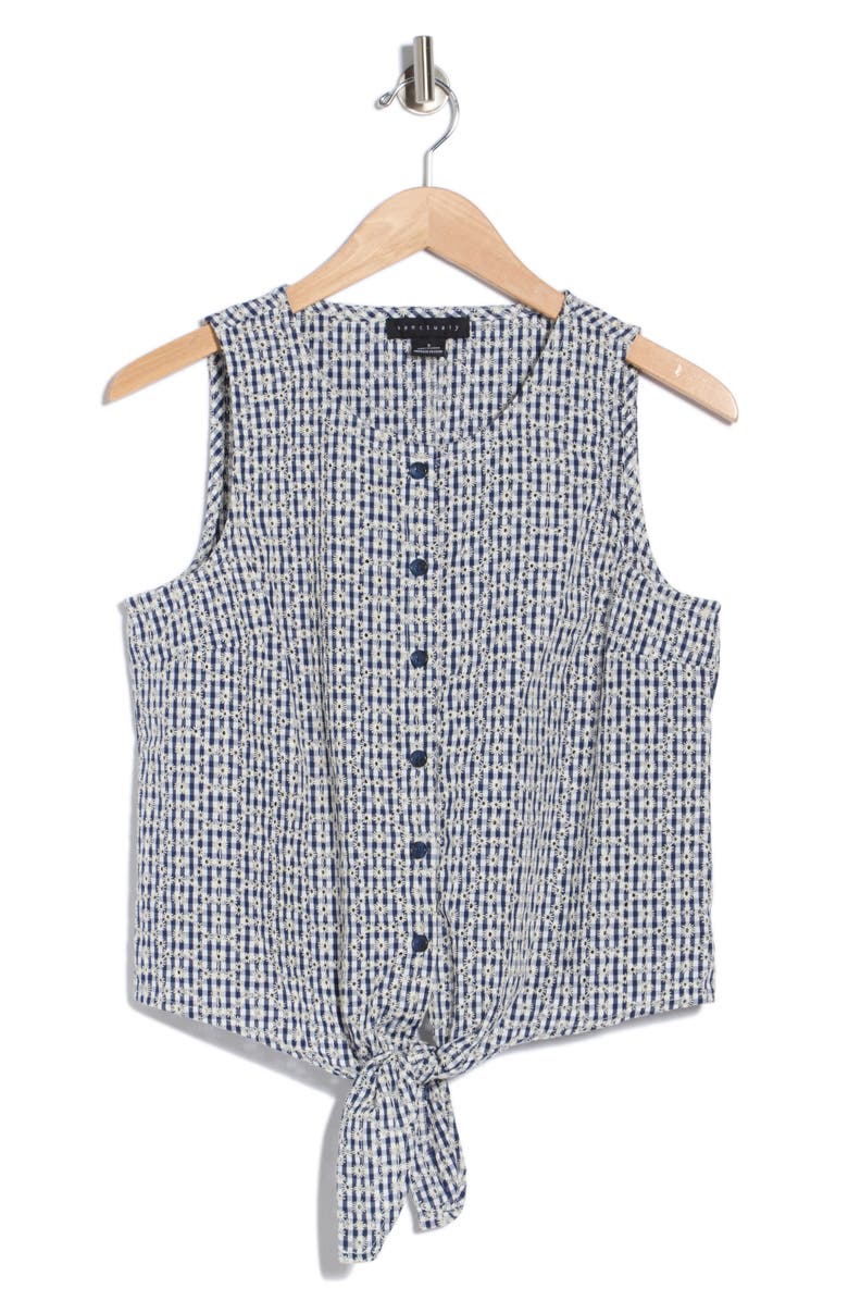 Sanctuary Socialize Eyelet Tie Hem Tank, Main, color, Navy Blue Check Eyelet
