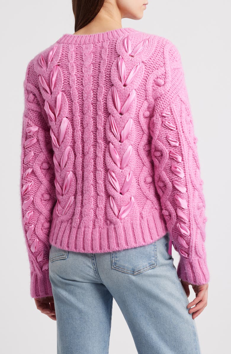 LoveShackFancy Parson Ribbon Detail Alpaca Blend Cable Sweater, Alternate, color,