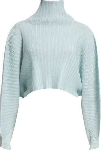 ★美品★ISSEY MIYAKE★プリーツ★ホワイト&ライトブルー★長袖★透け感 Pleats Please Issey Miyake Monthly Colors December Pleated Crop