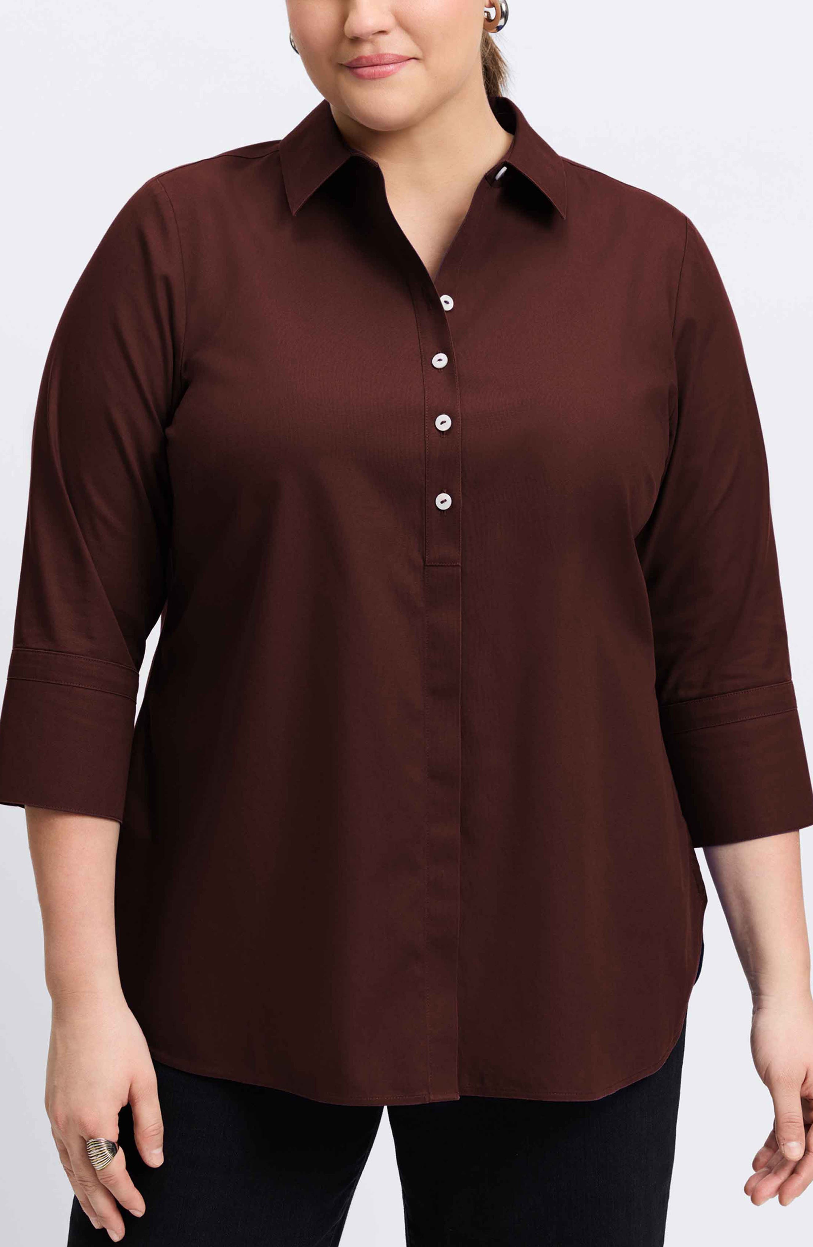 Foxcroft Madison Non-Iron Three-Quarter Sleeve Cotton Button-Up Shirt