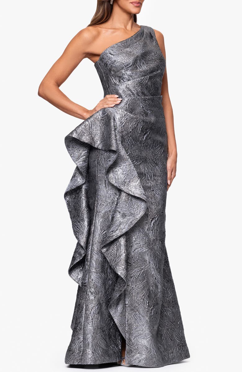 Xscape Evenings Metallic Ruffle One-Shoulder Jacquard Mermaid Gown, Alternate, color, Gunmetal