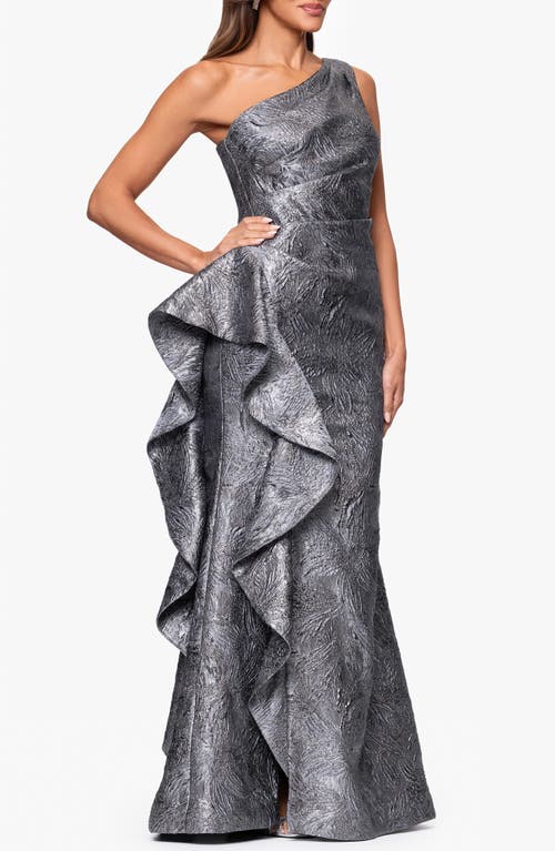 Xscape Evenings Metallic Ruffle One-shoulder Jacquard Mermaid Gown In Blue