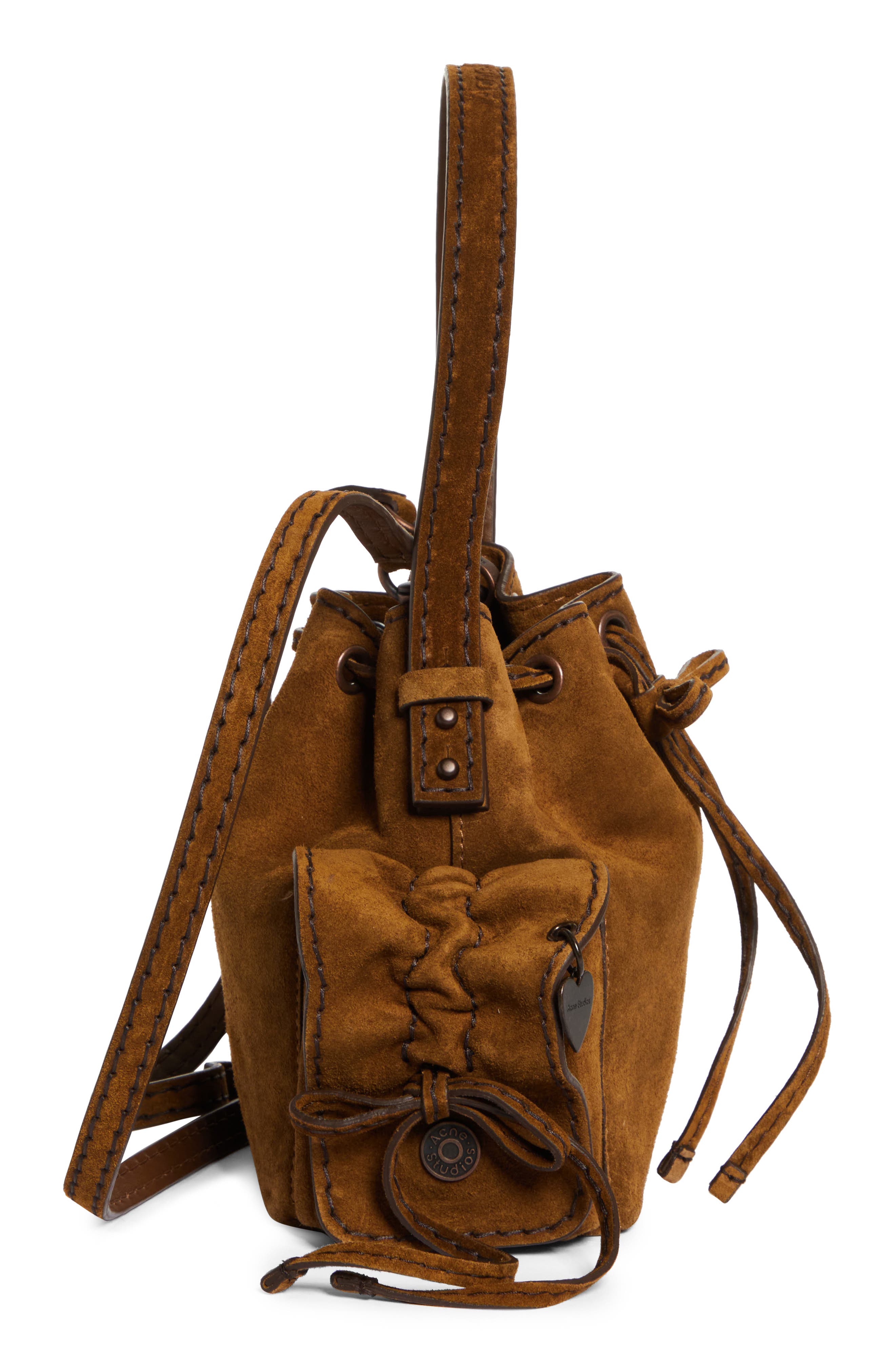 Acne Studios Mini Multipocket Suede Bucket Bag, Alternate, color, Cognac Brown