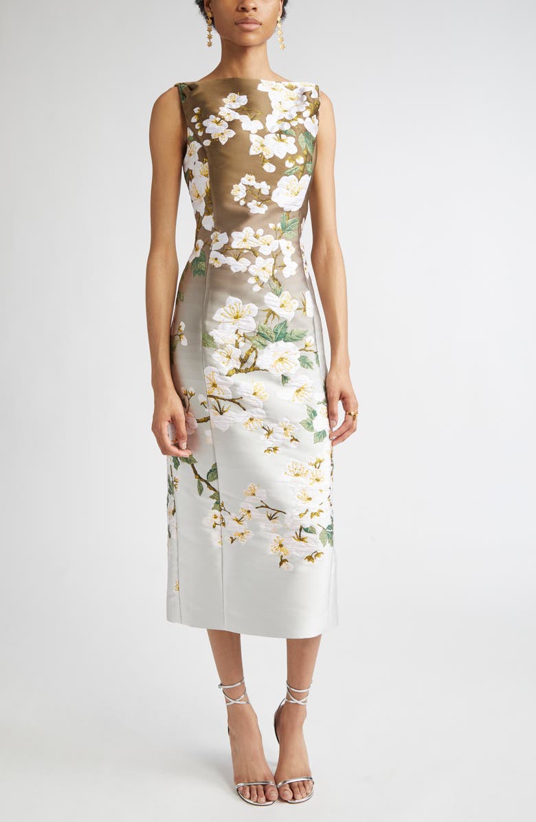 Oscar de la Renta Dégradé Cherry Blossom Jacquard Sheath Dress, Main, color, White Khaki Ombre