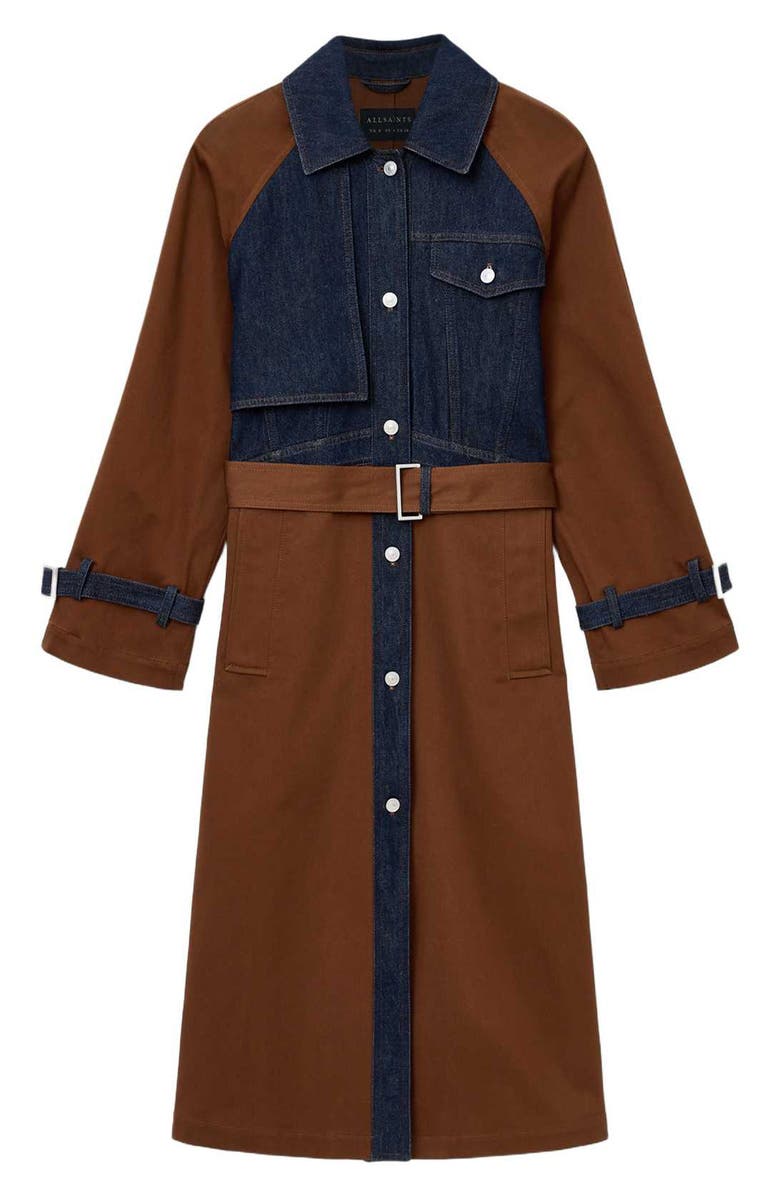 AllSaints Dayly Tie Waist Denim Accent Trench Coat, Alternate, color, Cognac Brown