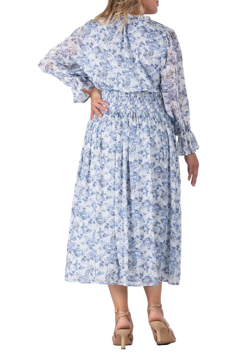 Floral Long Sleeve Midi Dress, Alternate, color, BLUE WHITE PRINT