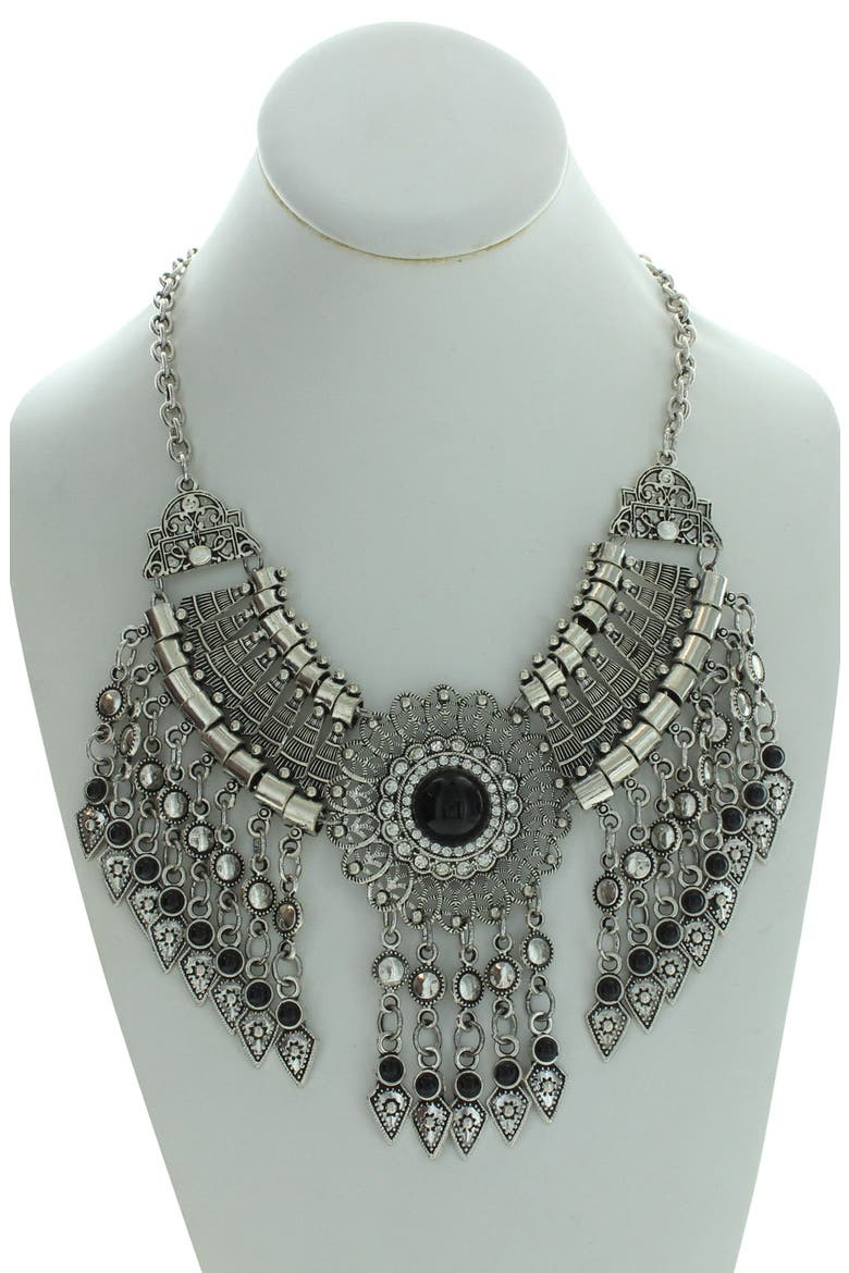 Silver-Tone Crystal Fringe Statement Necklace, Alternate, color, ANTIQUE SILVER / BLACK