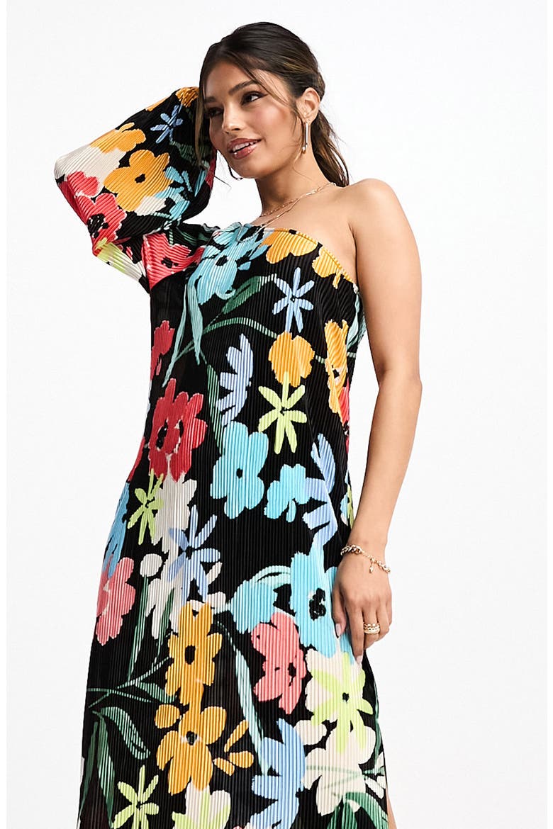 One Shoulder Long Sleeve Plissé Dress, Alternate, color, BLACK