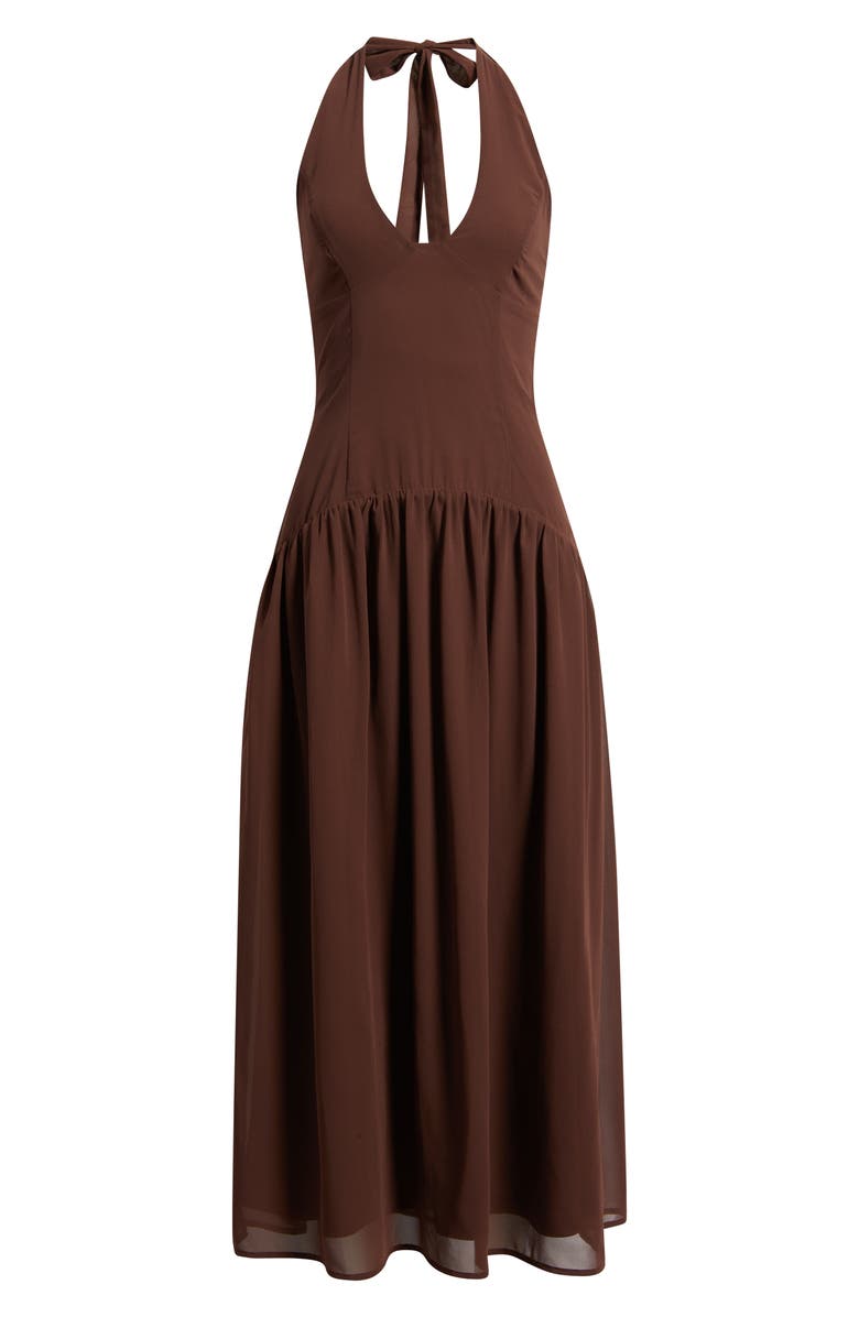 Princess Polly Chestnut Halter Neck Drop Waist Maxi Dress, Main, color, Brown