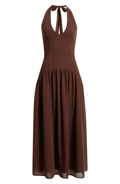 Chestnut Halter Neck Drop Waist Maxi Dress