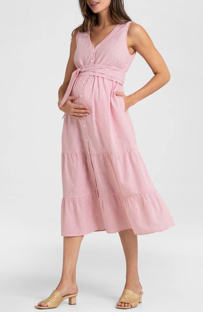 Seraphine Stripe Cotton Maternity/Nursing Midi Sundress, Main, color, Red/ White