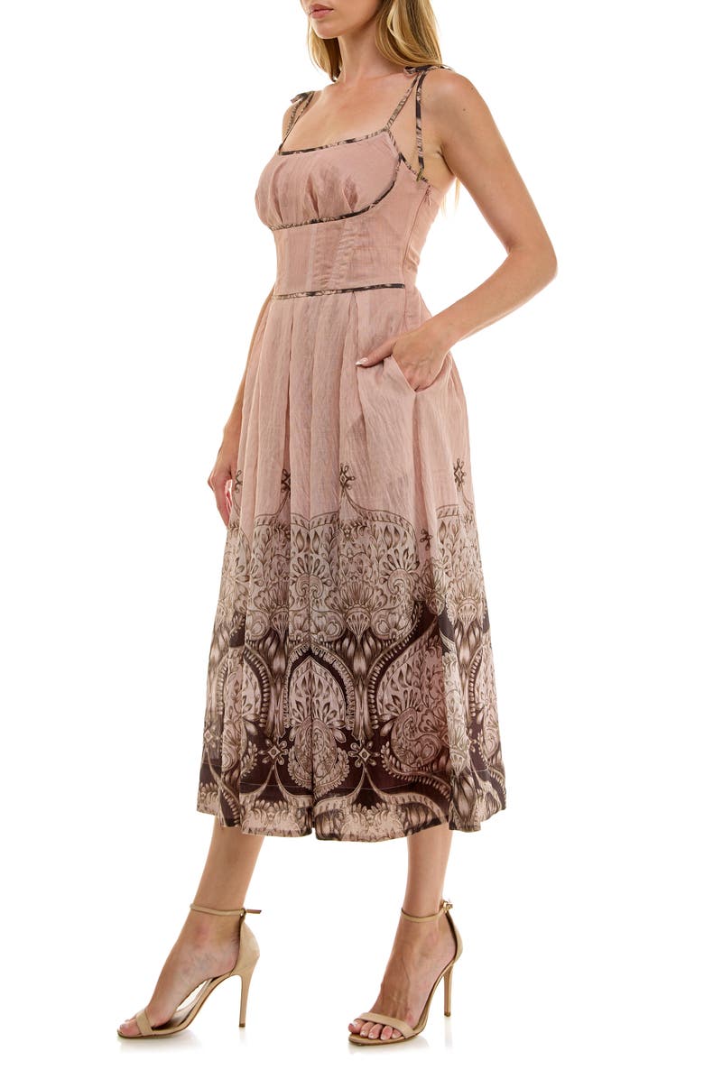 Socialite Corset Midi Sundress, Alternate, color, Peach/ Brown