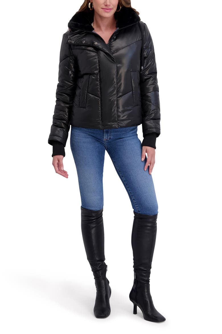 Faux Fur Lined Hood Short Puffer Jacket, Alternate, color, BLACK