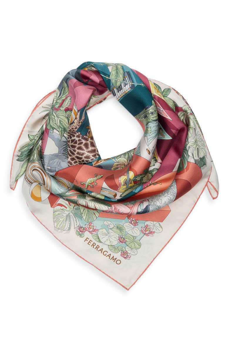 FERRAGAMO Jungle Party Silk Foulard Square Scarf, Alternate, color, Rust/ Petrolio