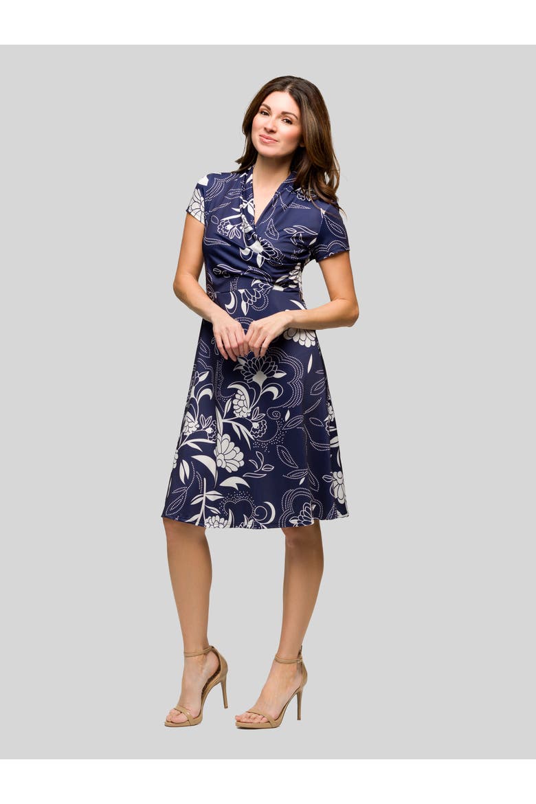 Navy Print Short Sleeve Knee Length V-Neck Wrap Dress, Alternate, color, Navy Multi
