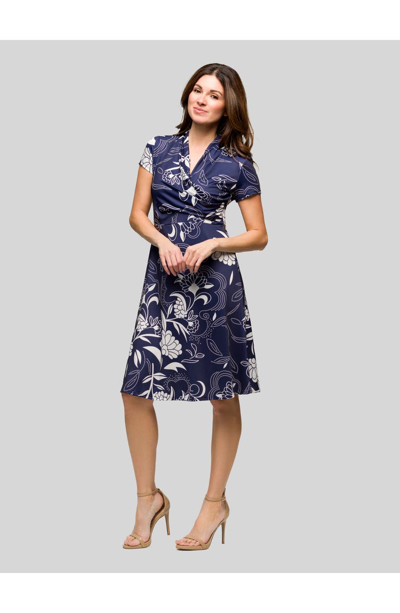 24seven Comfort Apparel Navy Print Short Sleeve Knee Length V-Neck Wrap Dress, Alternate, color, Navy Multi