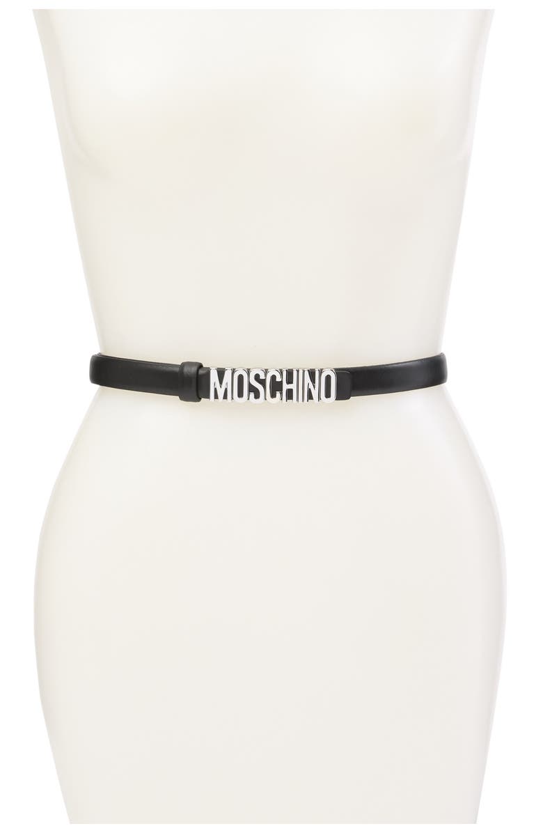 Moschino Thin Leather Logo Belt, Alternate, color, 