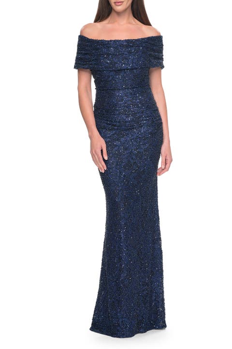 Off the Shoulder Ruched Beaded Lace Evening Gown